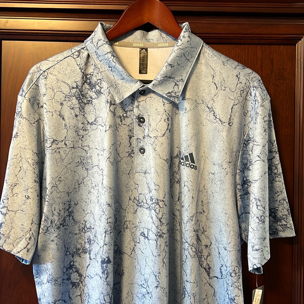 Brand New Adidas uniquely designed marbleized look Wonder Blue Golf Polo UPF!